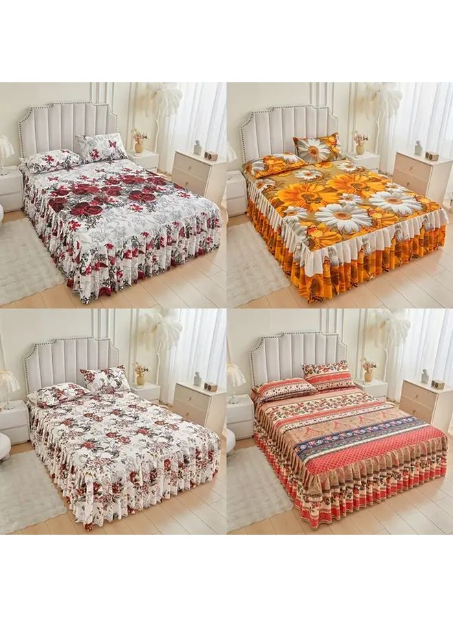 Queen Size Spring Garden Floral Bed Skirt Set With 2 Pillowcases Non Slip Mattress Cover - Image 1
